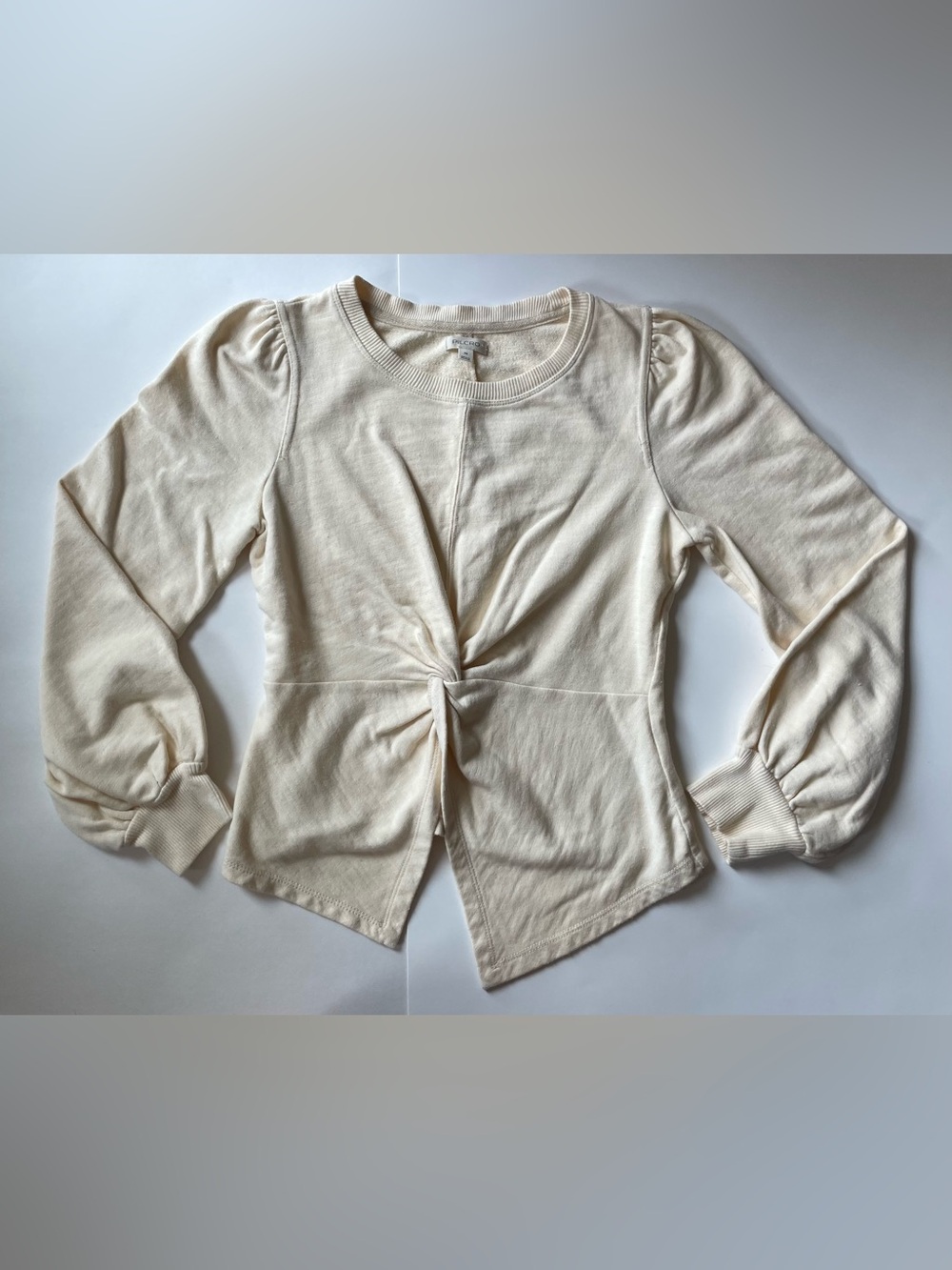 Pilcro by Anthropologie Cotton Cream Knot-Front Long Puff Sleeve Top